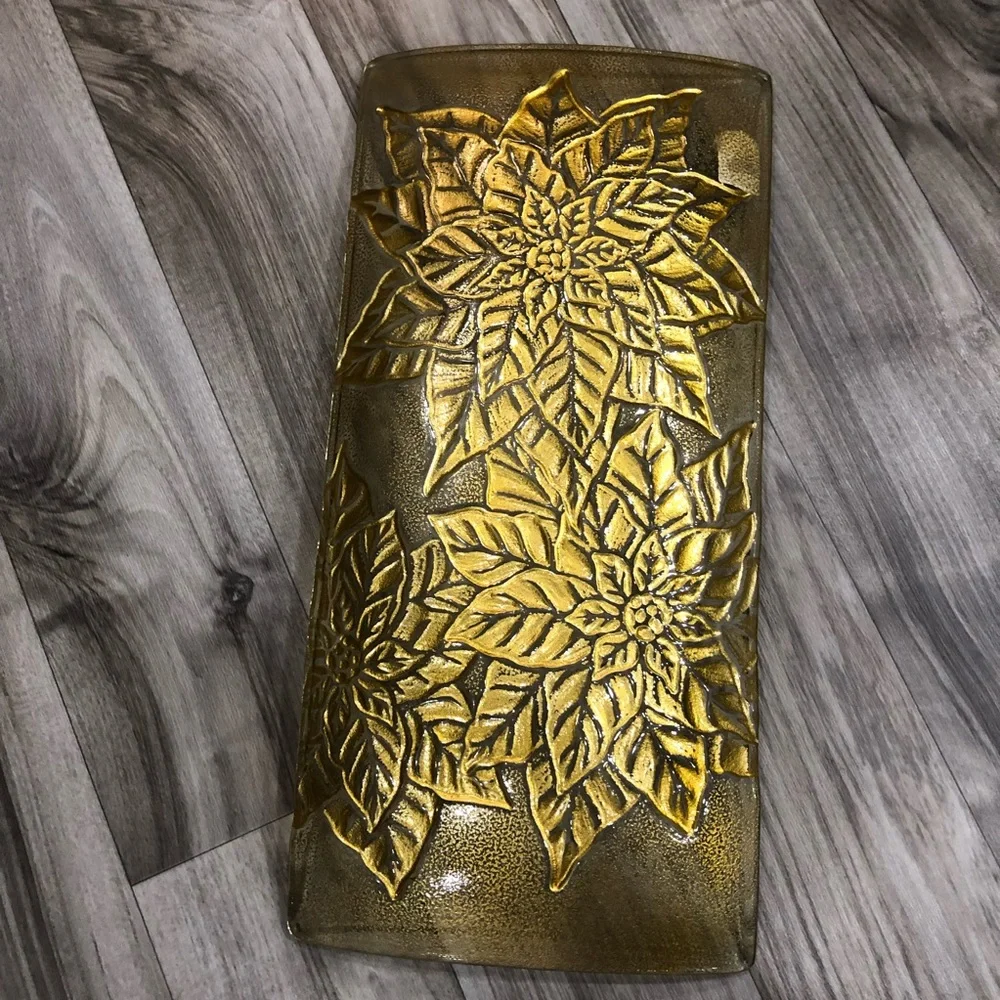 3D GLASSWARE Clear~Gold Metallic Floral Raised Pattern Curved Rectangular Server
